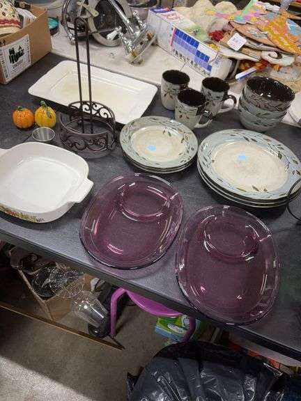 2-CORNING- CRANBERRY- SOUP AND SANDWICH TRAYS- CORNING WARE CASSEROLE DISH- PAPER TOWEL HOLDER- PLATES, CUPS, COFFEE CUPS- ETC.- image