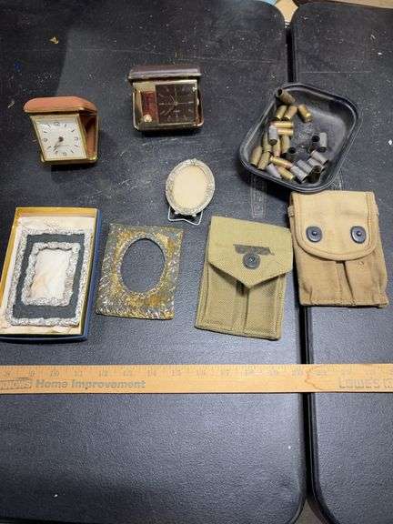 OLD CLOCKS- SMALL FRAMES- MILITARY POUCHES-  BULLETS- image