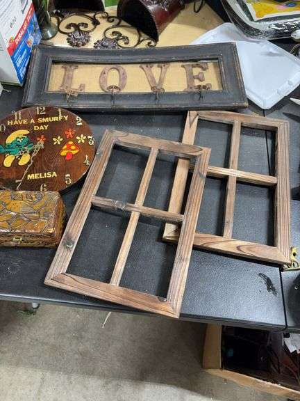 2-WOOD PICTURE FRAMES- WOOD SMURF CLOCK- WOOD JEWELRY BOX- LOVE WALL DECOR- image