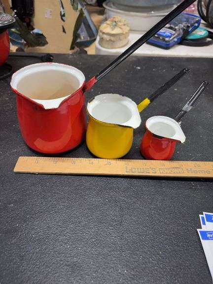 3- VINTAGE- ENAMEL WARE BUTTER WARMERS AND SAUCE POURERS- image
