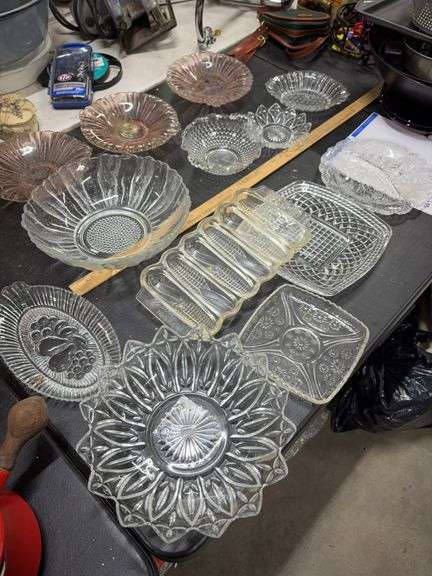 SEVERAL PIECES OF CLEAR GLASSWARE- & PINK DEPRESSION DISHES- MIRACLE MAZE- GLASS CORNBREAD BAKING DISH/ MOLD image