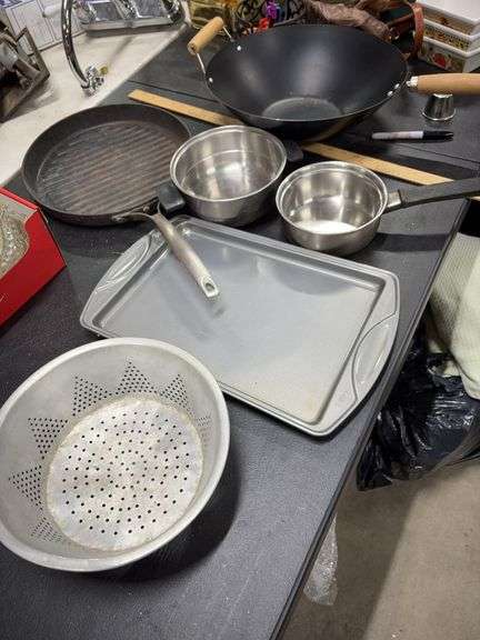 WOK PAN- WILTON COOKIE SHEET- POTS- GRIDDLE- ALUMINUM COLANDER- image