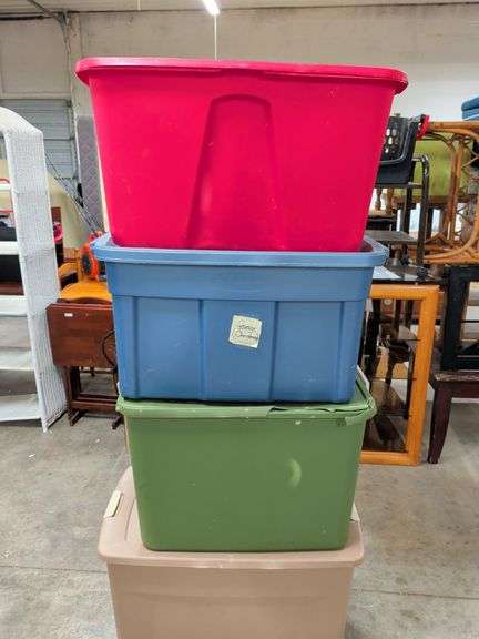 4 LARGE STORAGE TOTES - GREEN ONE HAS CRACKED LID image