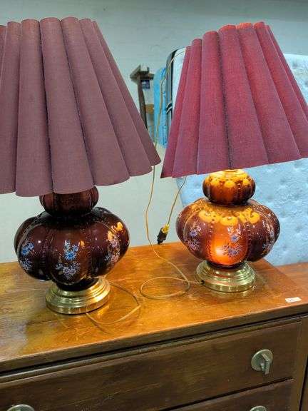 2 PURPLE AMETHYST GLASS LAMPS WITH SHADES 3 WAY SWITCH TO ALLOW TOP AND BOTTOM TO LIGHT UP image
