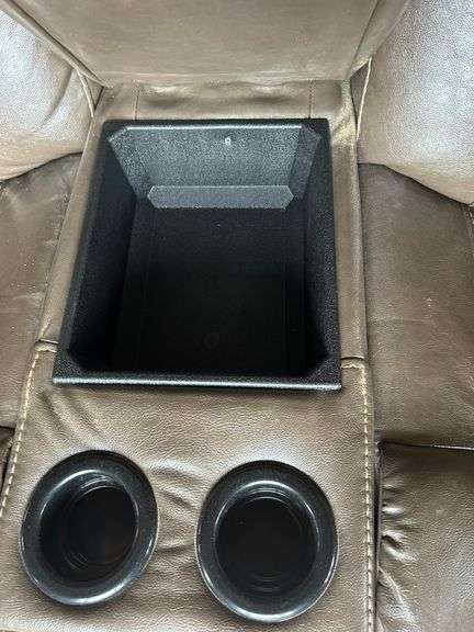 Brown Leather Reclining Loveseat with Center Console