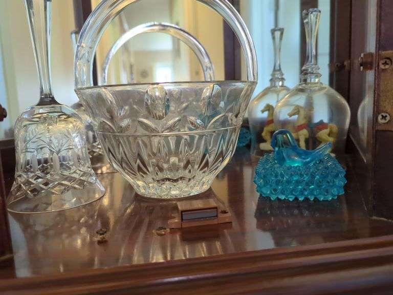 Assorted Glassware: Basket, Bell, Figurine, Carousel Decoration image