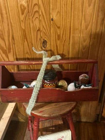 Painted Wood Toolbox, Stool, and Decorative Items