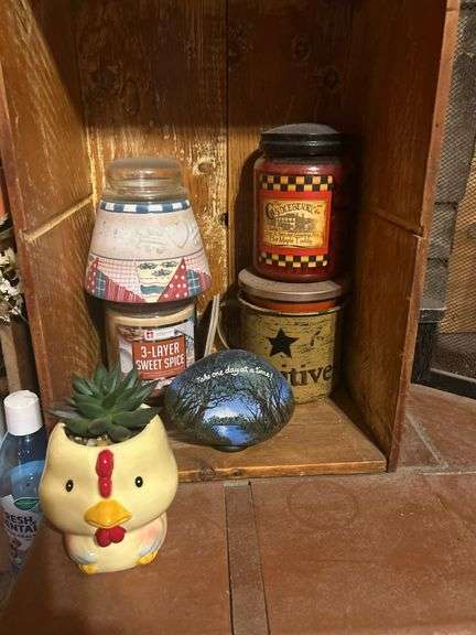 Decorative Assortment: Truck, Chicken Planter, Cabinet, Jars, and More