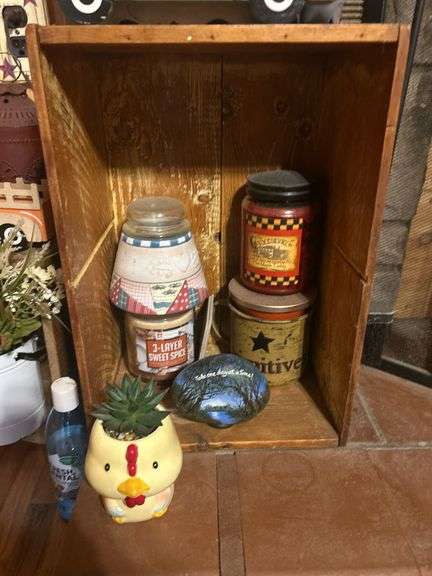 Decorative Assortment: Truck, Chicken Planter, Cabinet, Jars, and More