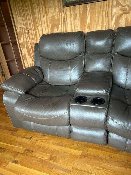 Brown Leather Reclining Loveseat with Center Console