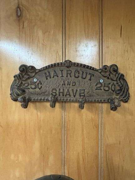 Decorative Barber Pole with 'Haircut & Shave' Signage
