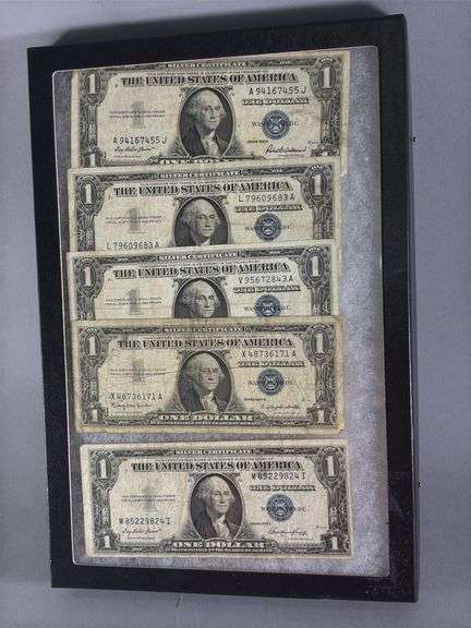 Framed Collection of Five One Dollar Silver Certificates image