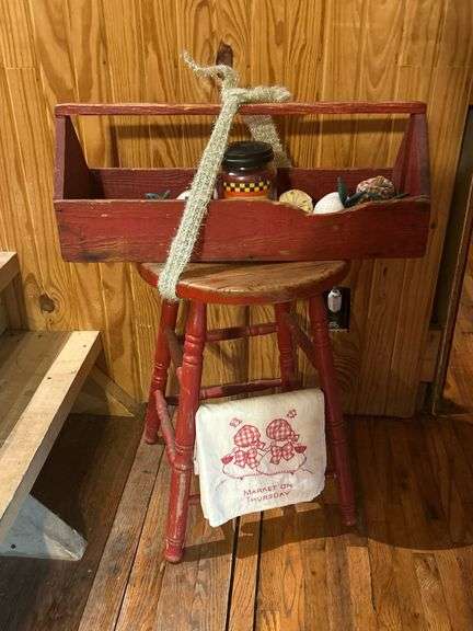 Painted Wood Toolbox, Stool, and Decorative Items
