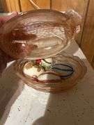Pink Hen on Nest Candy Dish with Decorated Eggs