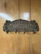 Decorative Barber Pole with 'Haircut & Shave' Signage