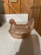 Pink Hen on Nest Candy Dish with Decorated Eggs