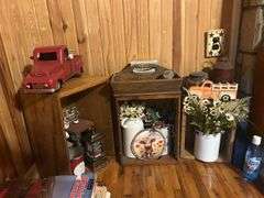 Rustic Home Decor Assortment with Toy Trucks, Floral Accents, and Candles
