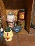 Decorative Assortment: Truck, Chicken Planter, Cabinet, Jars, and More