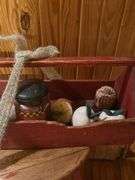 Painted Wood Toolbox, Stool, and Decorative Items