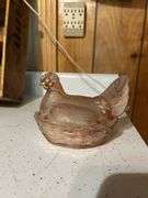 Pink Hen on Nest Candy Dish with Decorated Eggs