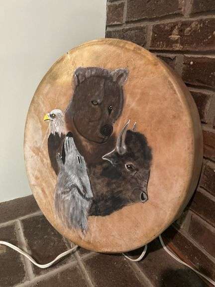 Native American Style Drum with Bear, Eagle, Wolf and Buffalo Imagery image