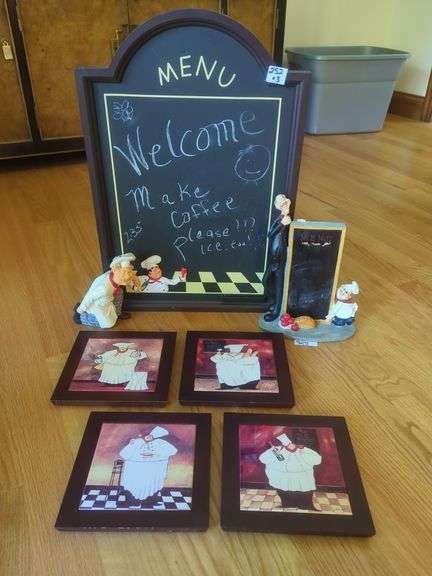 Chef Themed Kitchen Decor Lot - Chalkboard, Figurines, and Coasters image
