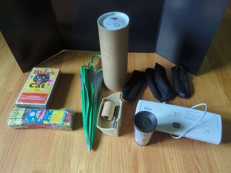 Mixed Lot: Fireworks, Umbrella, Ankle Weights, and More image