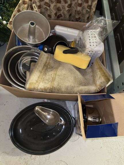 Box Lot of Kitchenware Including Baking Pans, Bowls, and Foley Food Mill image