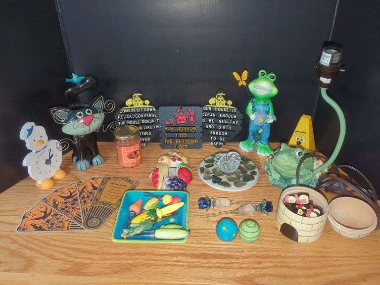 Assorted Decorative Home Goods - Frog Lamp, Figurines, and More image