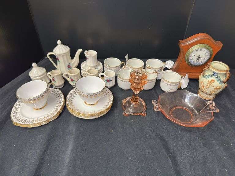 Mixed Decorative Collection: China Tea Set, Candlestick, Bowl & Clock image