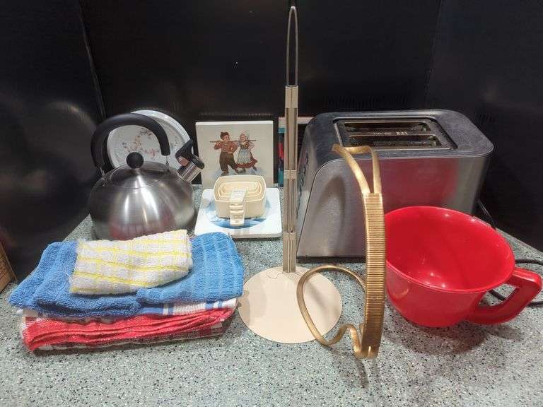 Assorted Kitchen Items: Toaster, Kettle, Dish Towels, and More image