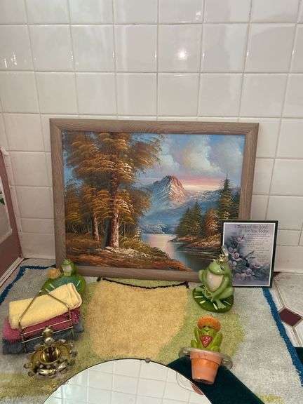 Bathroom Decor Lot: Mirror, Painting, Rugs, and Accessories