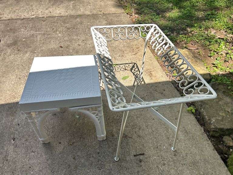 White Wicker Style Patio Side Table with Metal Plant Stand image