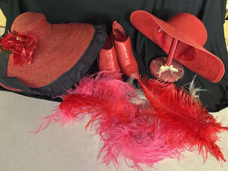 Red Accessories Collection: Hats, Shoes, and Feather Plumes image