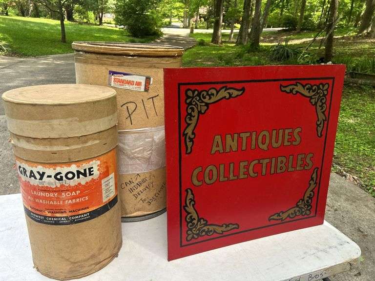 Vintage Gray-Gone Laundry Soap Container and Antiques Collectibles Sign image