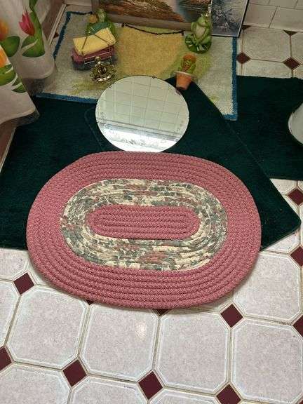 Bathroom Decor Lot: Mirror, Painting, Rugs, and Accessories