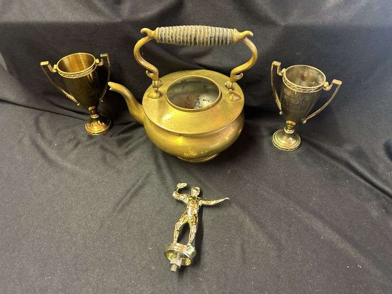 Mixed Lot: Brass Kettle, 2 Small Trophies, & Metal Figure image