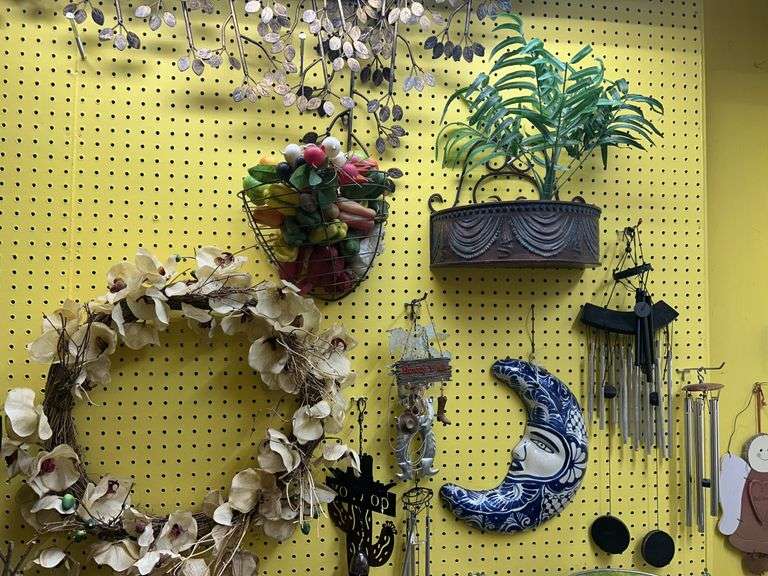 Assorted Home Decor Items: Wreath, Wall Decor, Plant, Wind Chimes image