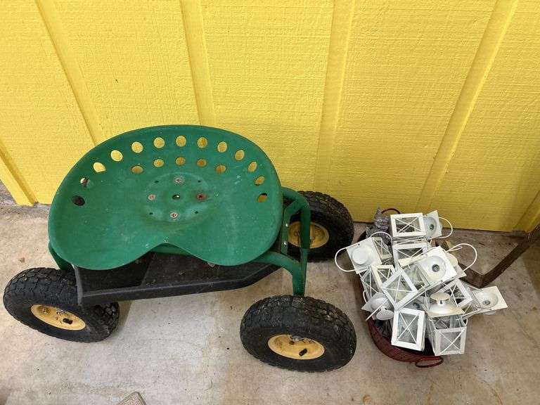 Rolling Garden Seat and Decorative Lanterns image