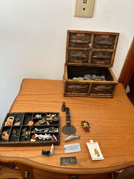 Wooden Fish Motif Box and Assorted Collectible Pins and Memorabilia image