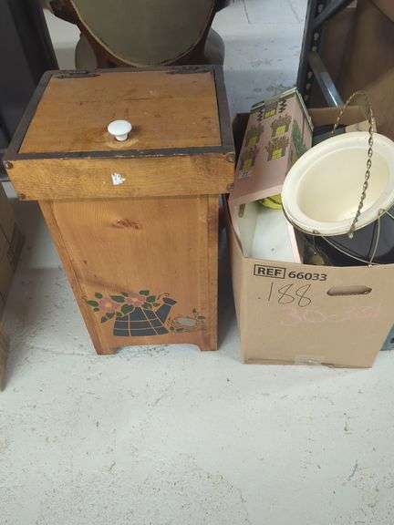 Box Lot Including Decorative Wooden Trash Can and Assorted Household Items image