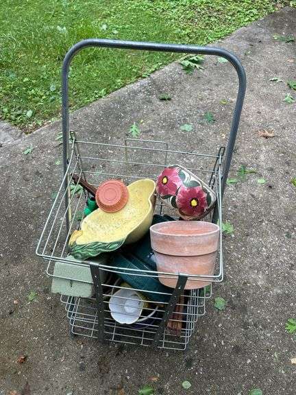 Mixed Lot of Flower Pots, Planters & Supplies in Rolling Cart image