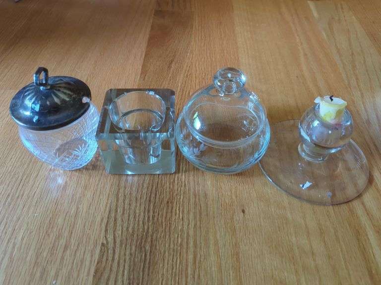 Assorted Glassware Set: Covered Jar, Inkwell, and Candleholder image