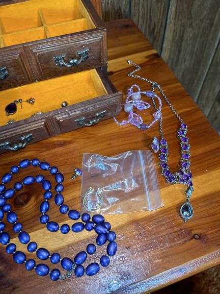 Wood Jewelry Box with Assorted Jewelry
