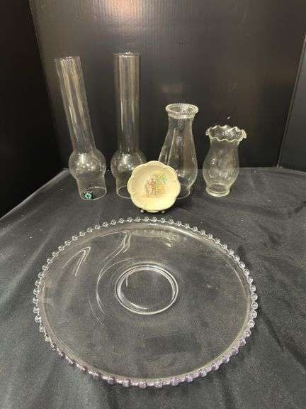 Collection of Glass Lamp Chimneys, Plates, and a J&G Meakin Dish image