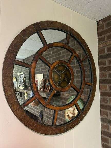 Large Decorative Round Wall Mirror with Faux Wood Frame image