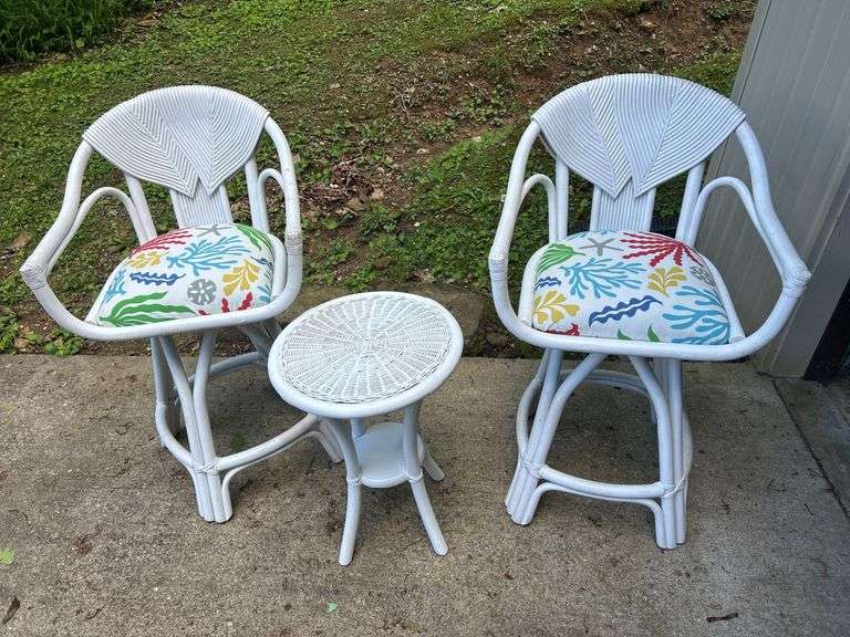 White Wicker Bar Stool Set with Accent Table image