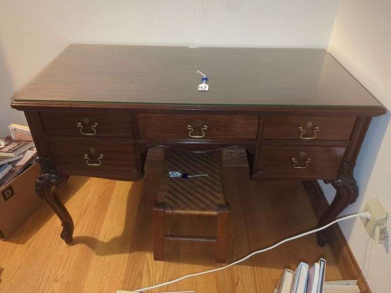 Queen Anne Wood Desk with Glass Top and Stool image
