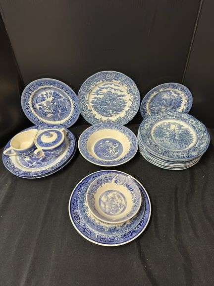Blue and White Transferware China Dinnerware Set image
