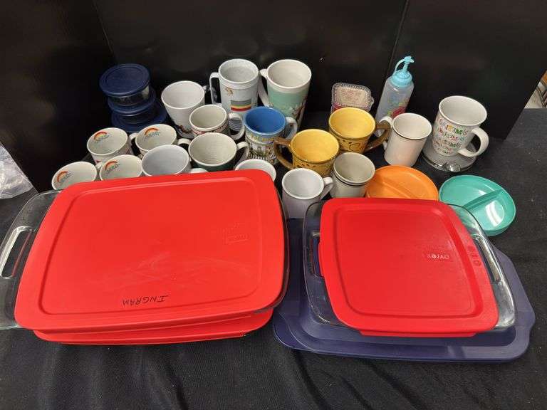 Pyrex Bakeware Dishes with Lids and Assorted Mugs image